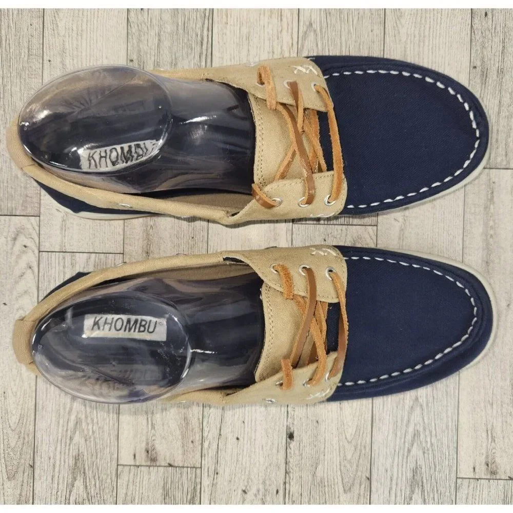 Khombu Womens Boat Shoe Sz 9.5 Tan Navy Sporty Summer Boating Sailing Deck Shoe